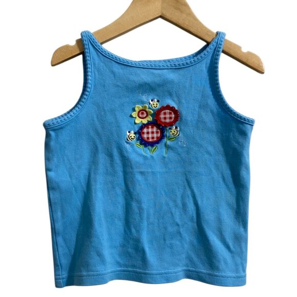 Vintage Y2K Sonoma Jean Co. Girls Blue Tank Top Embroidered Flower Bee Sz 5 S - Picture 2 of 5